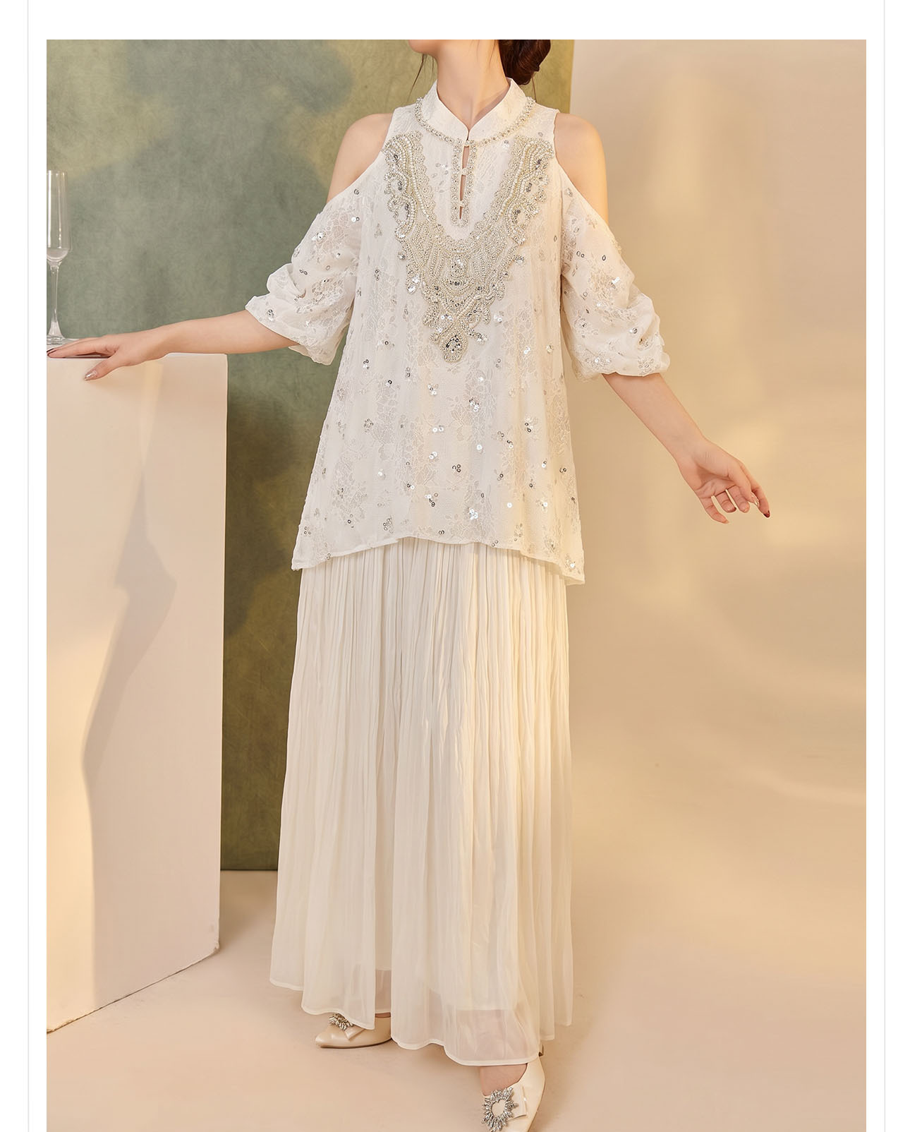 Đầm maxi tay bong bóng mở rộng vai — Tuyết Xanh, Aurora trắng chi tiết 11