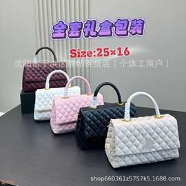 跨境外贸羊皮纹手提包2025高质感小香风菱格绣线链条名媛同款女包