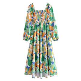 欧美外贸女装新款绿色大花长袖连衣裙长裙  9717