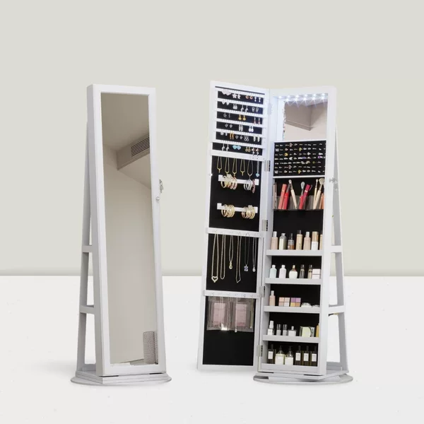 Solid Wood Rotating Floor Full Body Smart Mirror Jewelry Storage Cabinet Bedroom Wear Fitting Makeup Mirror with Storage