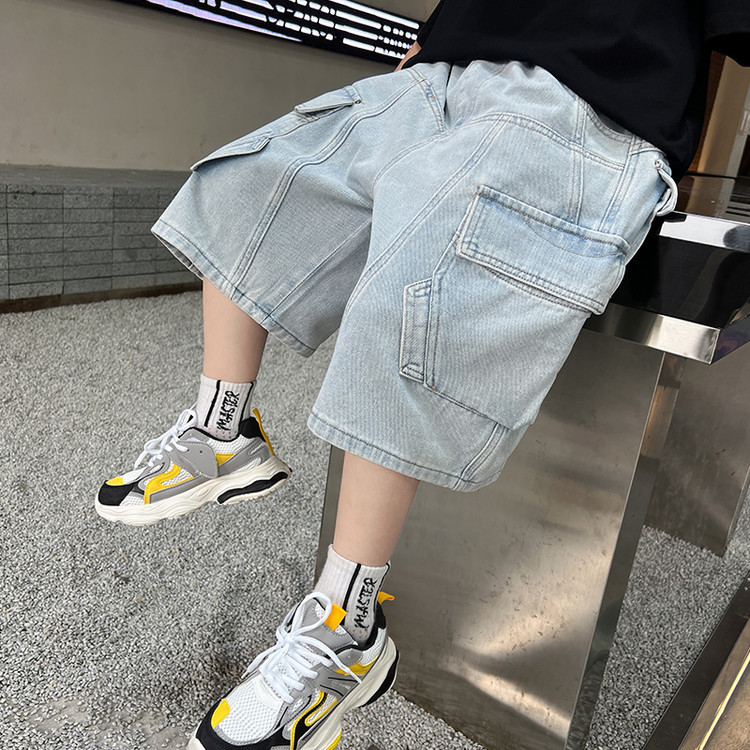 Men's Clothing Distressed Wash Denim Capri Pants For Kids - Stretch Waist Comfort Fit - Unisex Flannel-Lined Casual Trousers (120-170cm, Indigo Blue)_voghion.com