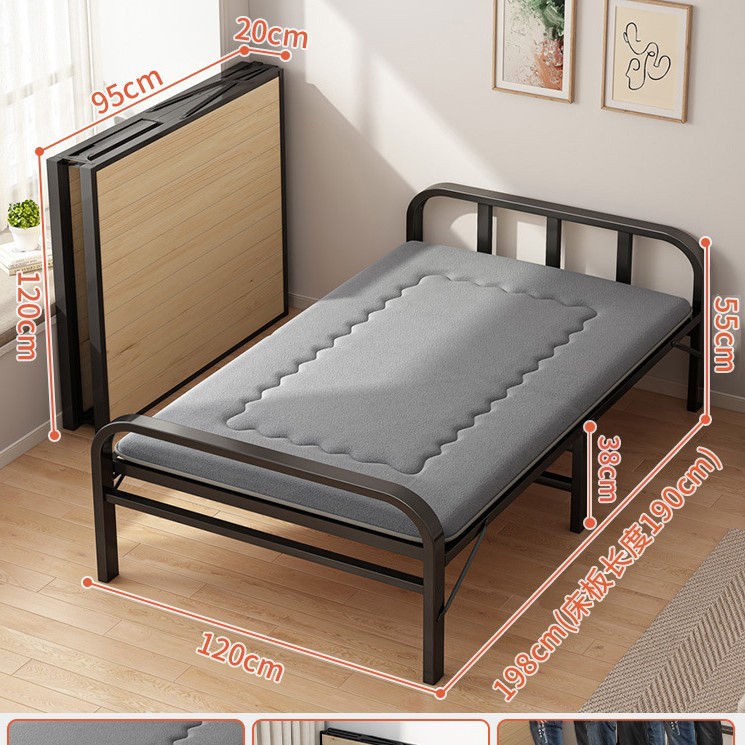 Cama plegable de madera maciza tablero de la cama sala de alquiler hogar adulto simple almuerzo cama individual cama de hierro reforzado 1,2 m cama pequeña