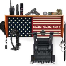新款多用途收纳木制壁挂式战术装备架带蓝色美国国旗急救员储物架