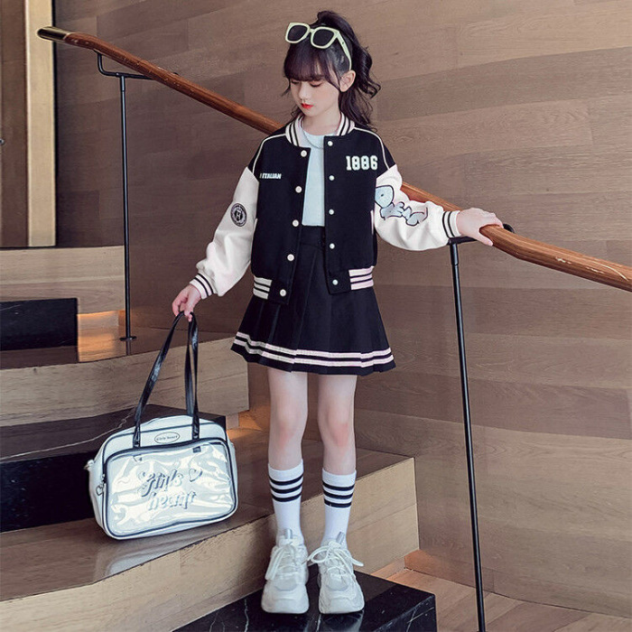 Chaqueta de béisbol para niñas conjunto de dos piezas de primavera y otoño 2023 nuevos niños medianos y grandes ropa de estudiante traje de niña Falda plisada