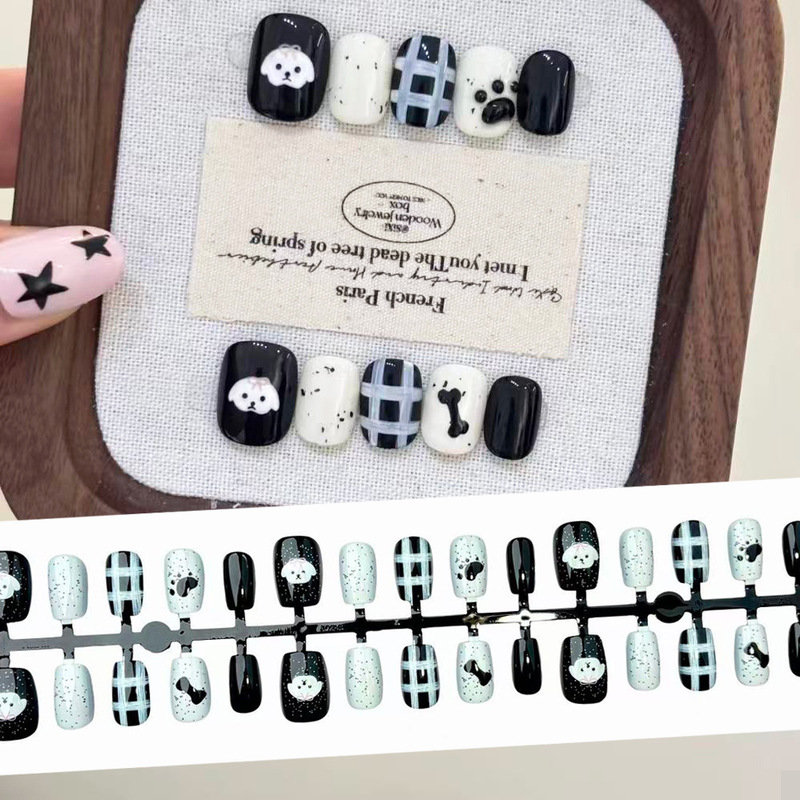 Black and White Checkered Cute Playful Plaid Nail Stickers Ins-Style Korean Style Puppy Girl Nail Art Patches Autumn and Winter Hot Item