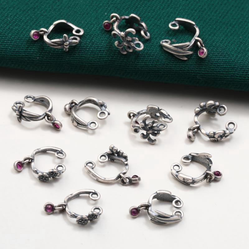 S925 Sterling Silver Bamboo Orchid Plum Chrysanthemum Flower Clip Pendant Accessories Vintage Old Ink Black Earrings Key Button