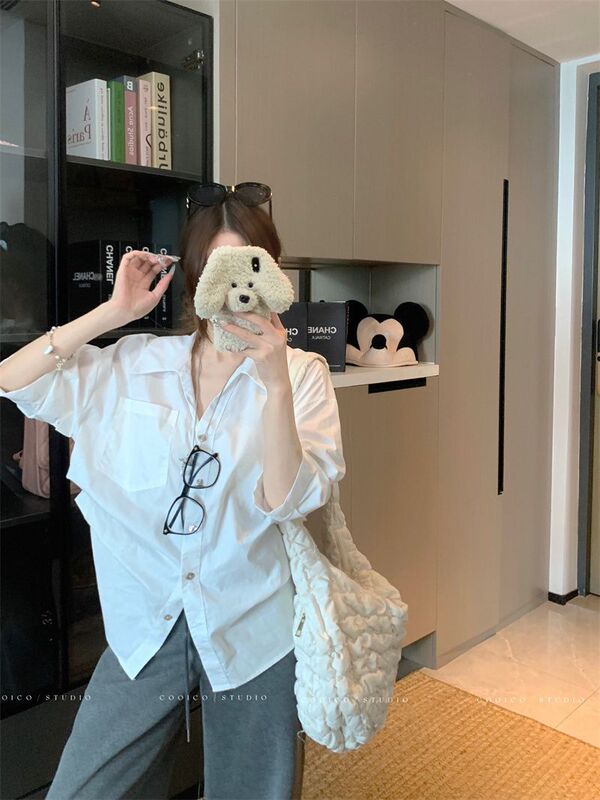 【原版品质】老钱风polo领白色衬衫女秋季宽松褶皱收腰衬衣|undefined