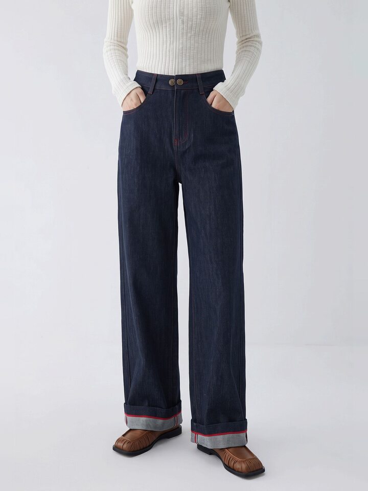 Quần jean ống rộng nữ lưng cao dáng suông dài phong cách thoải mái — Sâu denim xanh