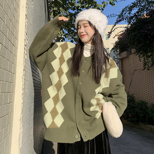 Plus size women's rhombus knitted cardigan autumn and winter loose round neck lazy style design sweater coat