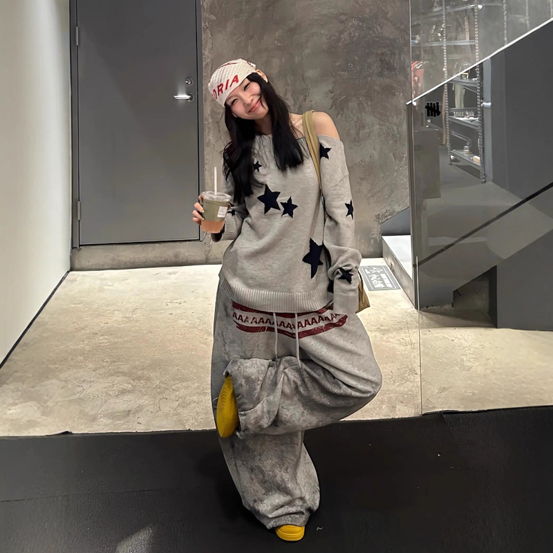 欧美hiphop字母印花运动卫裤女慵懒风做旧宽松百搭跳舞爵士弯刀裤|undefined
