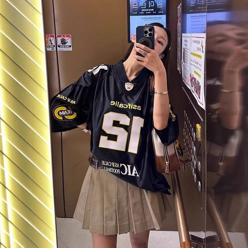韓国 asifcalie ニッチアメリカンレトロプリントルーズ半袖ジャージ Tシャツストリートスポーツカジュアル Tシャツ|undefined