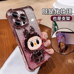 拉布布补妆镜支架适用苹果17手机壳电镀四角防摔iPhone16全包软套