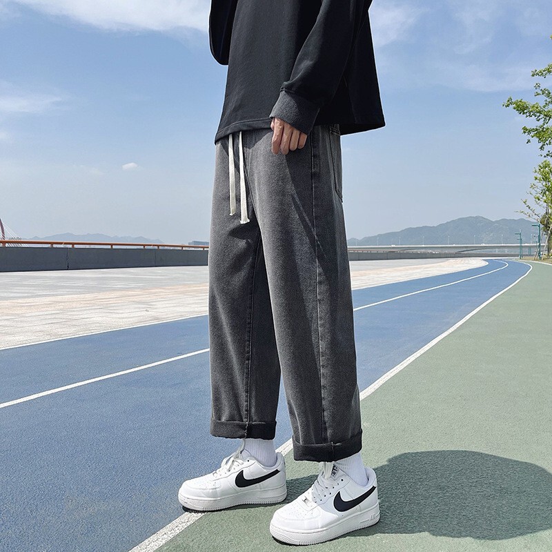 Elastoelastic Waist Summer Straight Jeans Men's Thin Loose Cropped Wide Leg Pants Retro Trendy Brand Mid-Waist Casual Pants