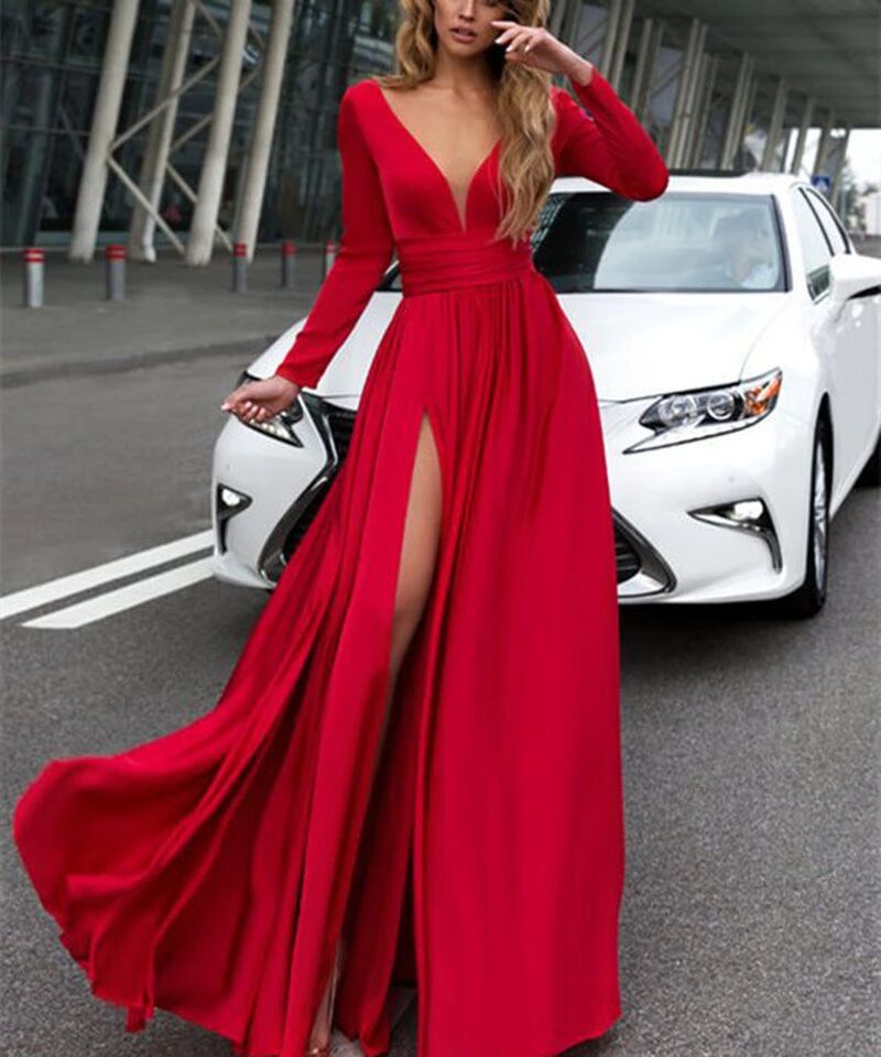 Vestido de noche largo de gasa elegante con cuello en V y manga larga, estilo europeo y americano, para comercio exterior, Amazon, AliExpress, Wish image 6
