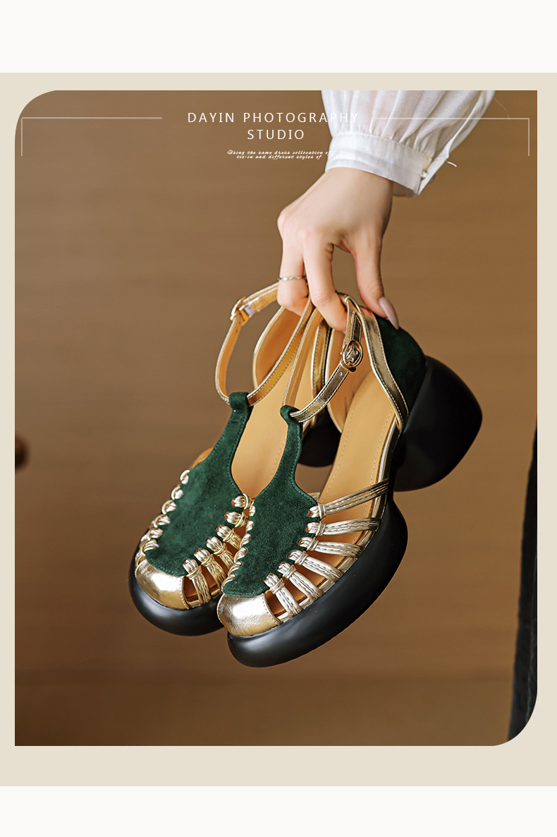 Sandal nữ quai ngang dệt mảnh da lộn, gót vuông ổn định, đế dày ghép màu — Màu đen chi tiết 1