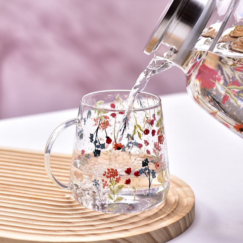 高檔家用水具套裝印花水壺水杯耐熱防爆水具透明玻璃水壺水杯