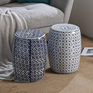 High Temperature Ceramic Stool Geometric Pattern Blue and White Porcelain Dressing Stool Shoe Changing Stool Neoclassical Ceramic Stool Drum Stool Pier