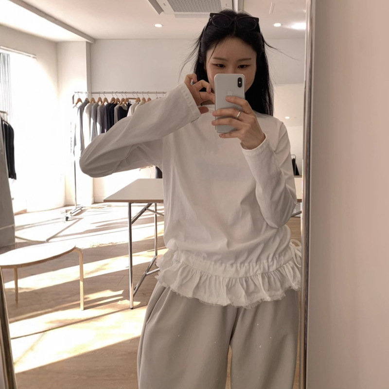 韩国chic早秋新品韩版甜美蕾丝摆花边拼接纯色百搭长袖打底衫T恤|undefined