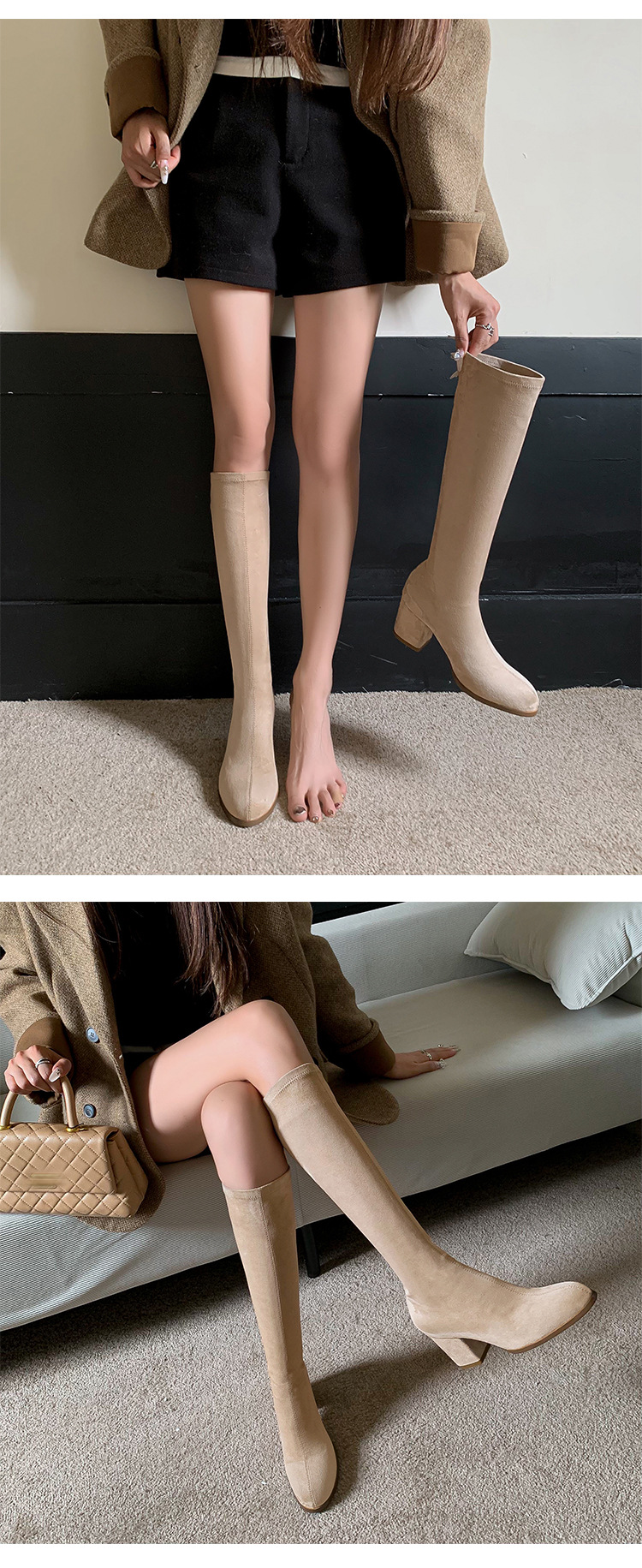 Boot nữ cổ cao ôm bắp chân mũi tròn gót vuông đế dày da lộn — Lớp lót đơn trên đầu gối màu kaki chi tiết 18