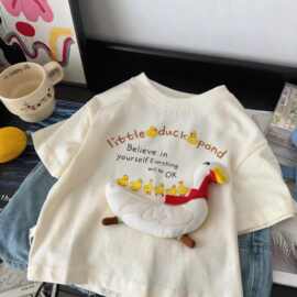 儿童立体公仔玩偶T恤纯棉短袖夏装宽松洋气可爱卡通印花亲子上衣