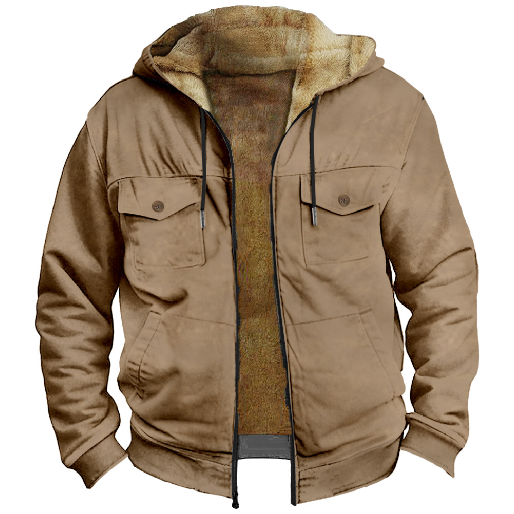 2023 transfronteriza europea y americana patrón de color sólido impresión 3D Impresión digital suéter con capucha forro marrón bolsillo algodón