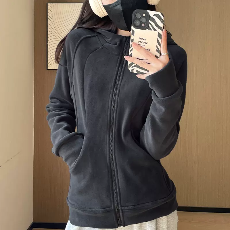 摇粒绒连帽卫衣女2025新款秋冬季修身上衣韩系加绒加厚运动开衫外