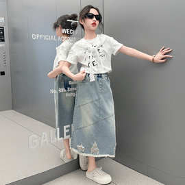 女童夏装套装韩版洋气中大童蕾丝小披肩短袖T恤牛仔半身裙两件套