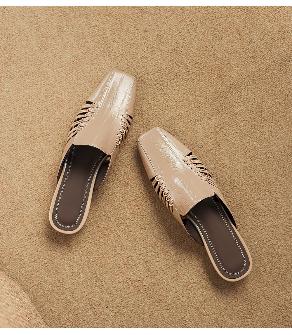 Dép sandal nữ quai chữ V bệt mũi tròn phong cách vintage — đen chi tiết 24