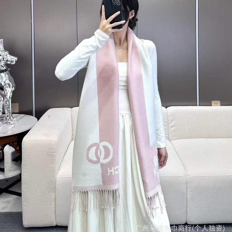 秋冬新款双C小香拼色双面羊毛围巾字母提花羊绒披肩长款保暖围脖|undefined