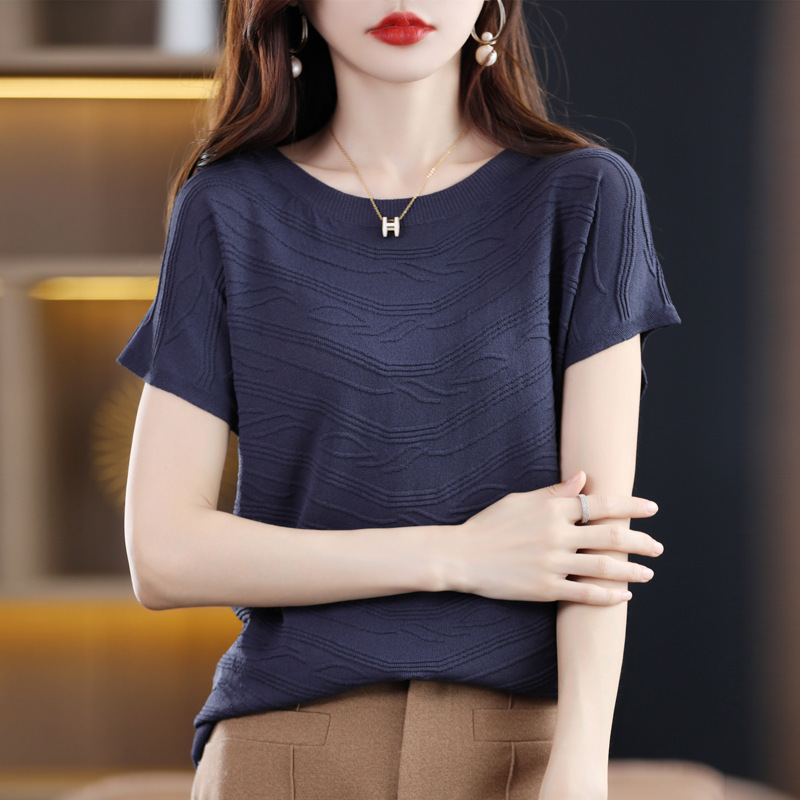 Ice Silk Knitted Short-sleeved T-shirt Women's Summer Thin Fashionable Slim-fit All-match Tencel Slimming Elegant One-character Collar Top