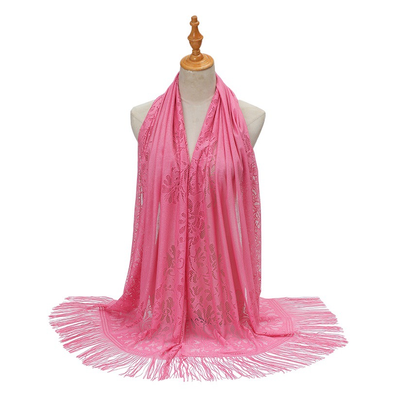 European and American Style Scarf, Solid Color Lace Hollow-Out Tassel Silk Scarf for Women, Summer Long Chiffon Shawl