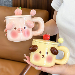 Cute Mug with Lid and Spoon Creative Couple Gift Ceramic Cup for Girls Home Office Coffee Water Cup for Men