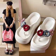 夏日時尚花朵人字拖 海邊外穿沙灘高跟涼拖鞋 小個子厚軟底拖鞋