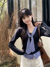 学院风撞色格子拼接假两件针织衫女秋春夏韩系chic上衣设计感小衫