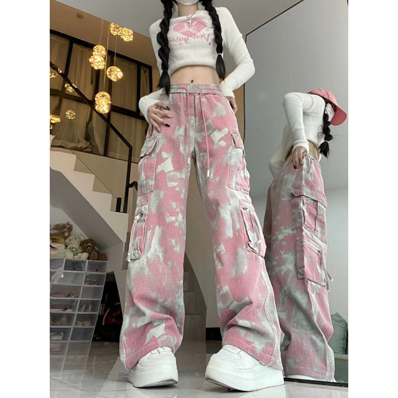 American Gradient Camouflage Working Pants for Women 2025 New High Waist Slim Design Niche Wide Leg Pants