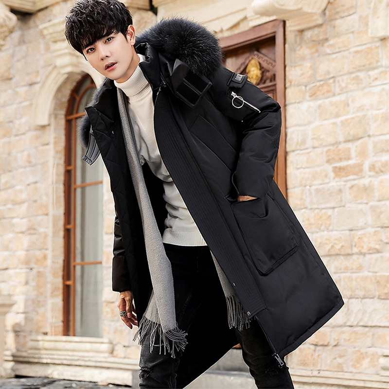 Invierno engrosada abajo Chaqueta larga grande Cuello de piel desmontable sombrero sobre la rodilla abrigo de los hombres abajo chaqueta casual abrigo