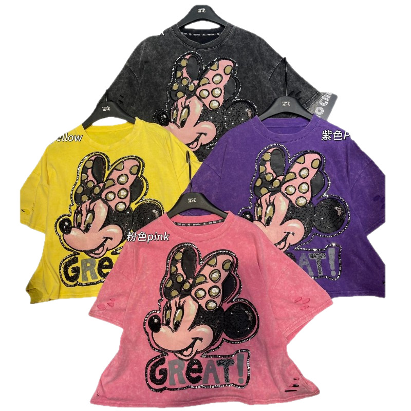 Marca de moda europea, industria pesada, tie-dye, diamantes completos, Mickey, cuello redondo, camiseta de manga corta, tendencia suelta corta, verano femenino, nuevo estilo