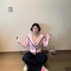甜美撞色边慵懒学院风秋季海军领针织外套毛衣开衫女显瘦气质上衣