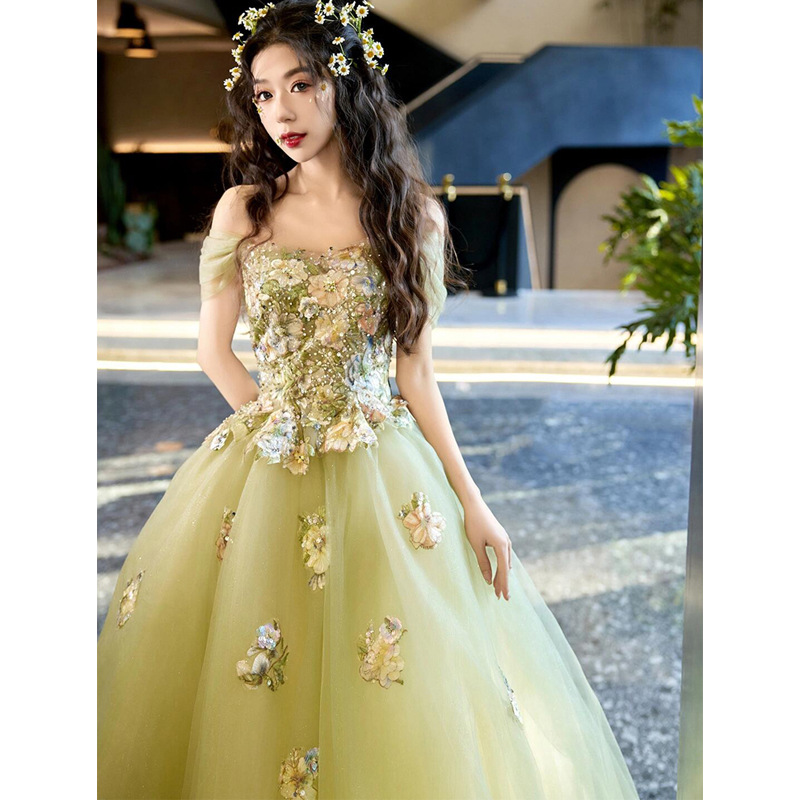 Evening dress female flower fairy high sense student day adult ceremony host engagement princess yarn skirt off-shoulder art exam spring