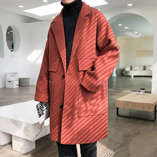 Quilted woolen coat men's Korean-style trendy mid-length trench coat 2022 autumn and winter solid color plus size loose woolen coat men