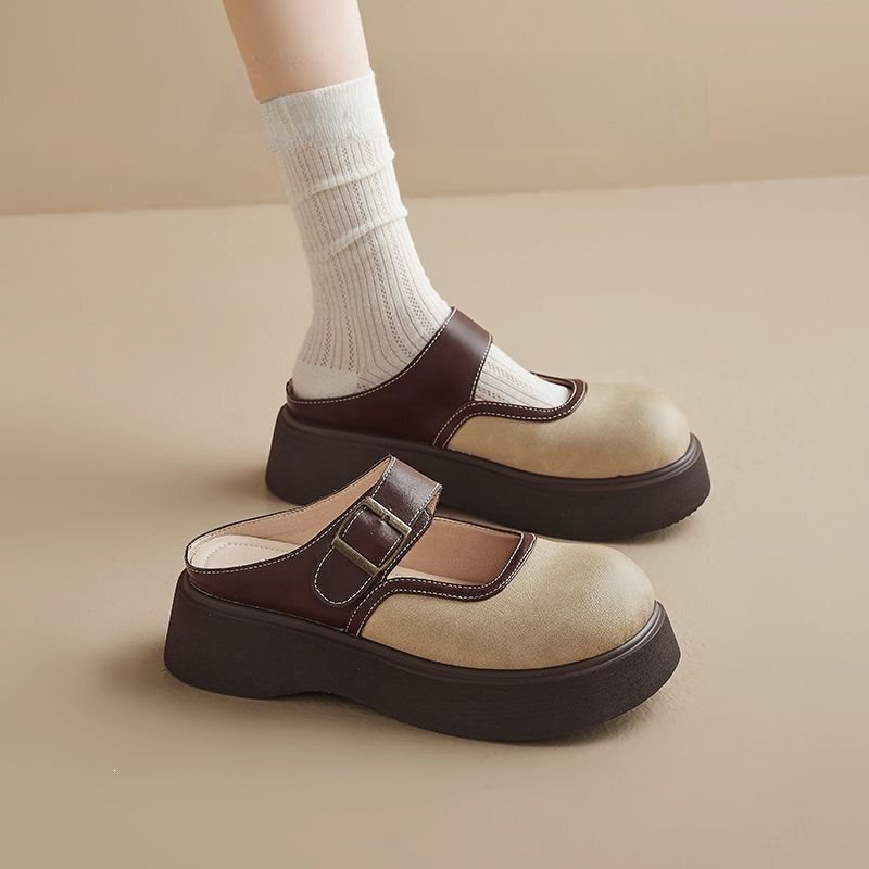 Special Offer Genuine Leather Thick-Soled Women's Shoes 2025 Spring New Style Height-Increasing Comfortable Soft Leather Women's Shoes Closed-Toe Half Slippers for Women