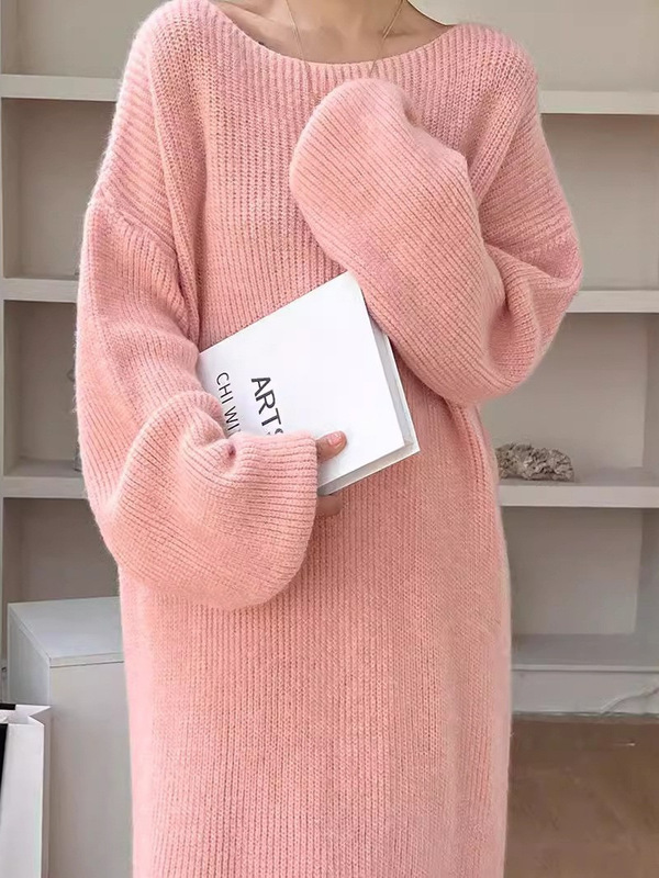 秋冬の女性用の優しいスタイルのドレス、ミドル丈の膝上スタイル、女性が着用するニットのゆったりとしたセーター、インナー付きのロングスカート|undefined
