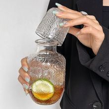 ins风高颜值冷水壶复古刻花海棠花玻璃茶壶一壶一杯果汁玻璃杯|undefined