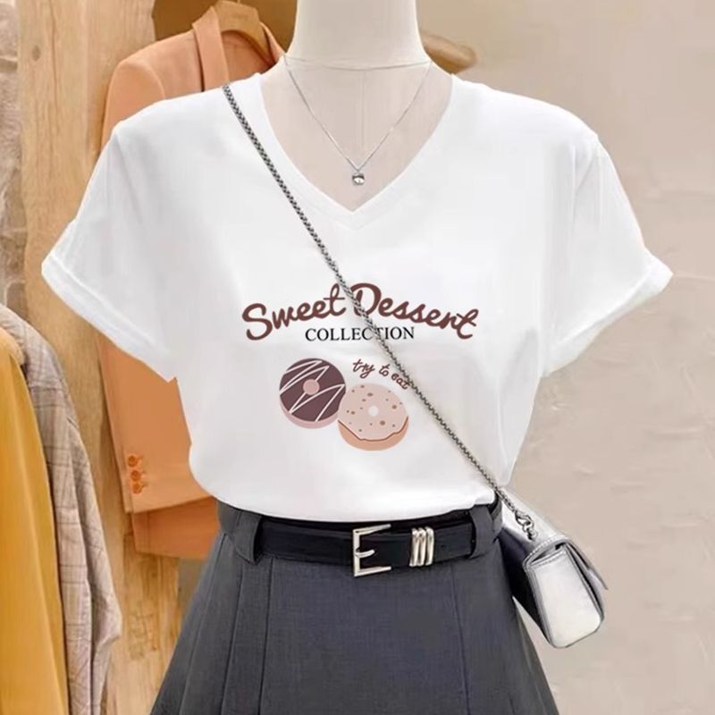 2026 New Design Niche Straight Shoulder V-Neck Pure Cotton Short-Sleeve T-Shirt for Women Versatile White Top Base Shirt for Summer 2026 New Design Niche Straight Shoulder V-Neck Pure Cotton Short-Sleeve T-Shirt for Women Versatile White Top Base Shirt for Summer