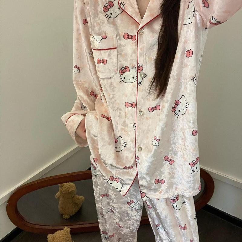 甜美HelloKitty睡衣女秋季2025新款大码冰丝绸长袖卡通家居服套装|undefined