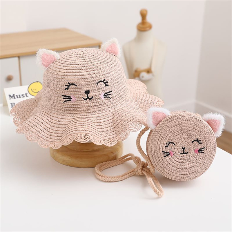 Cat embroidered wavy edge straw hat-pink