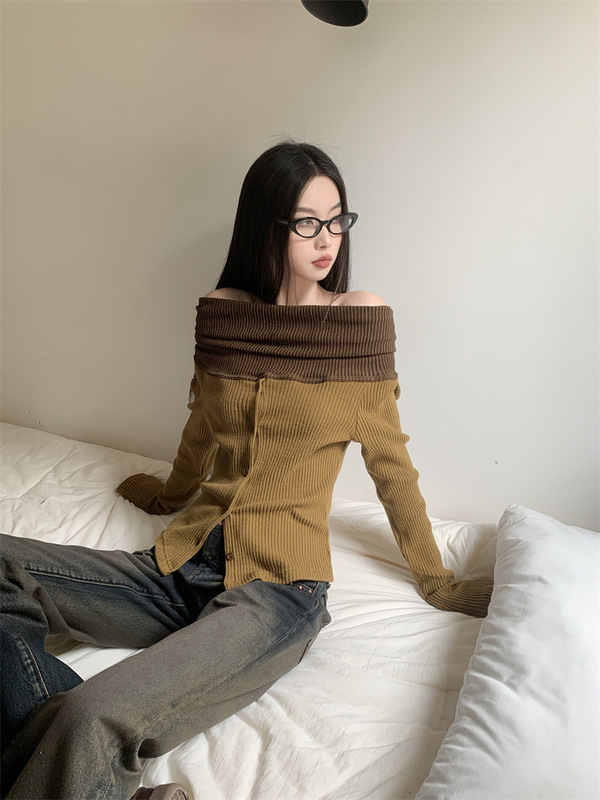 约穿搭翻领两穿打底衫女针织长袖显瘦上衣露肩|undefined