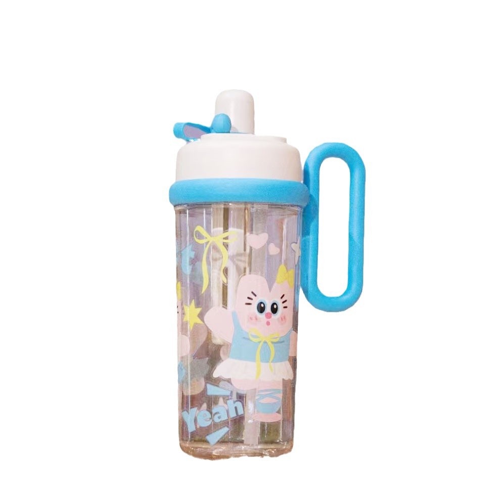 Taza de plástico Yue Shimei 860ML taza de agua de gran capacidad taza de doble bebida con mango taza de paja de dibujos animados taza de agua creativa