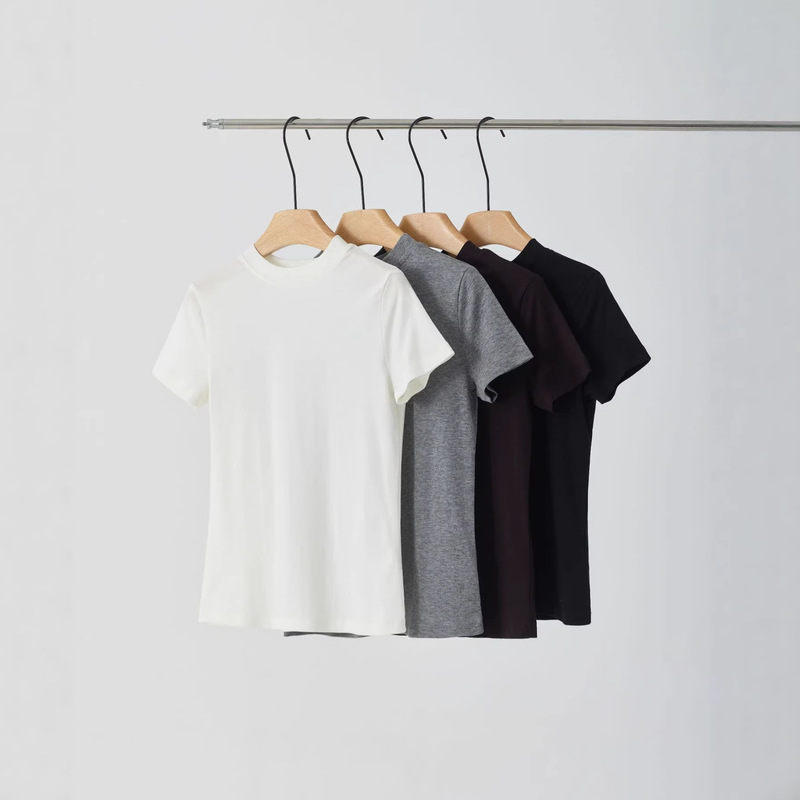 Tencel Wool Right-Shoulder Small Stand-Up Collar T-Shirt for Women 2026 Spring/Summer New Style Simple Slim Fit Shell Button Short Sleeve Tencel Wool Right-Shoulder Small Stand-Up Collar T-Shirt for Women 2026 Spring/Summer New Style Simple Slim Fit Shell Button Short Sleeve