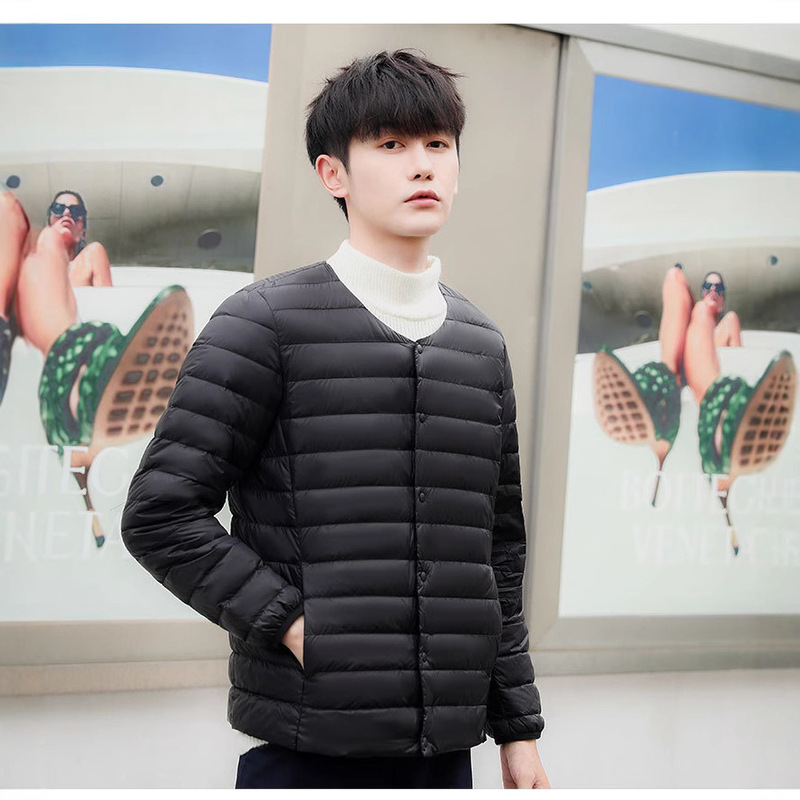 Cross-Border Tiktok New Lightweight down Jacket for Men, Collarless, Warm Inner Liner, Large Size, Round Neck, Inner Wear V-Neck Coat